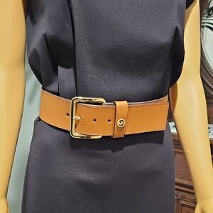 Michael Kors L-XL Camel Leather Wide Belt with Gold Buckle